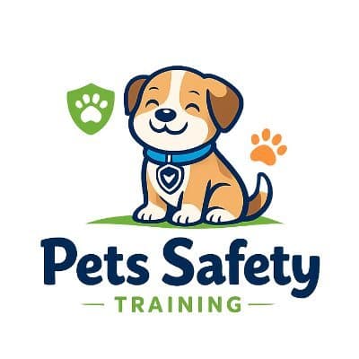 Pets Safety Training logo featuring a cartoon puppy with a safety shield and paw prints